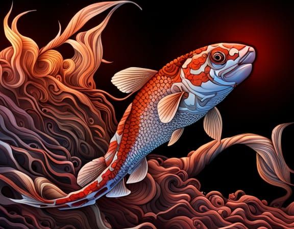 Fractal Koi Design with Runes and Zodiac Elements