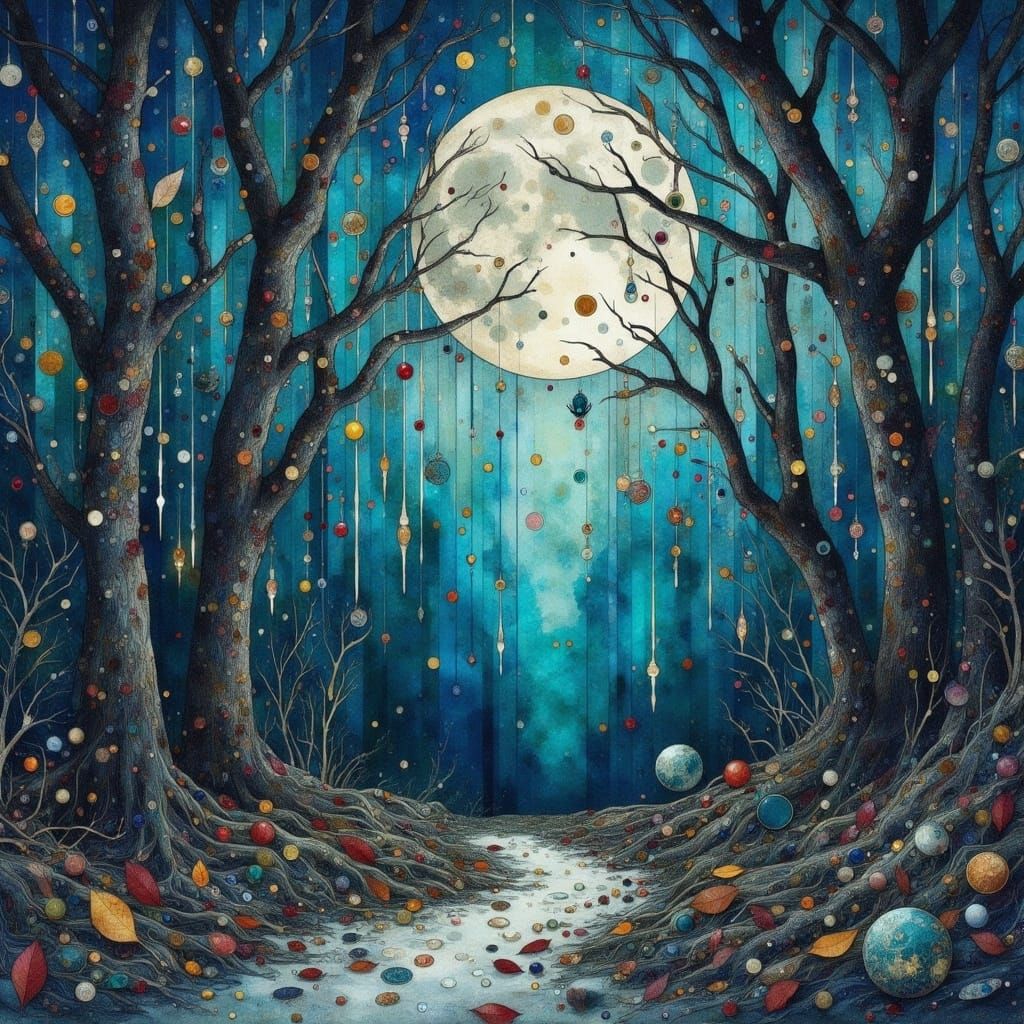 Gothic Forest Pathway Under Silvery Moonlight