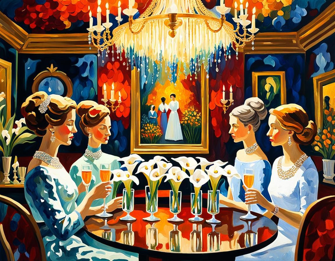 Jazz Age Opulence: Women in Bar as Gouache Painting