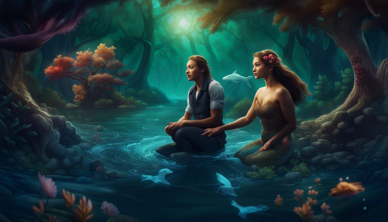 Mermaid and Man in Fantastical River Scene