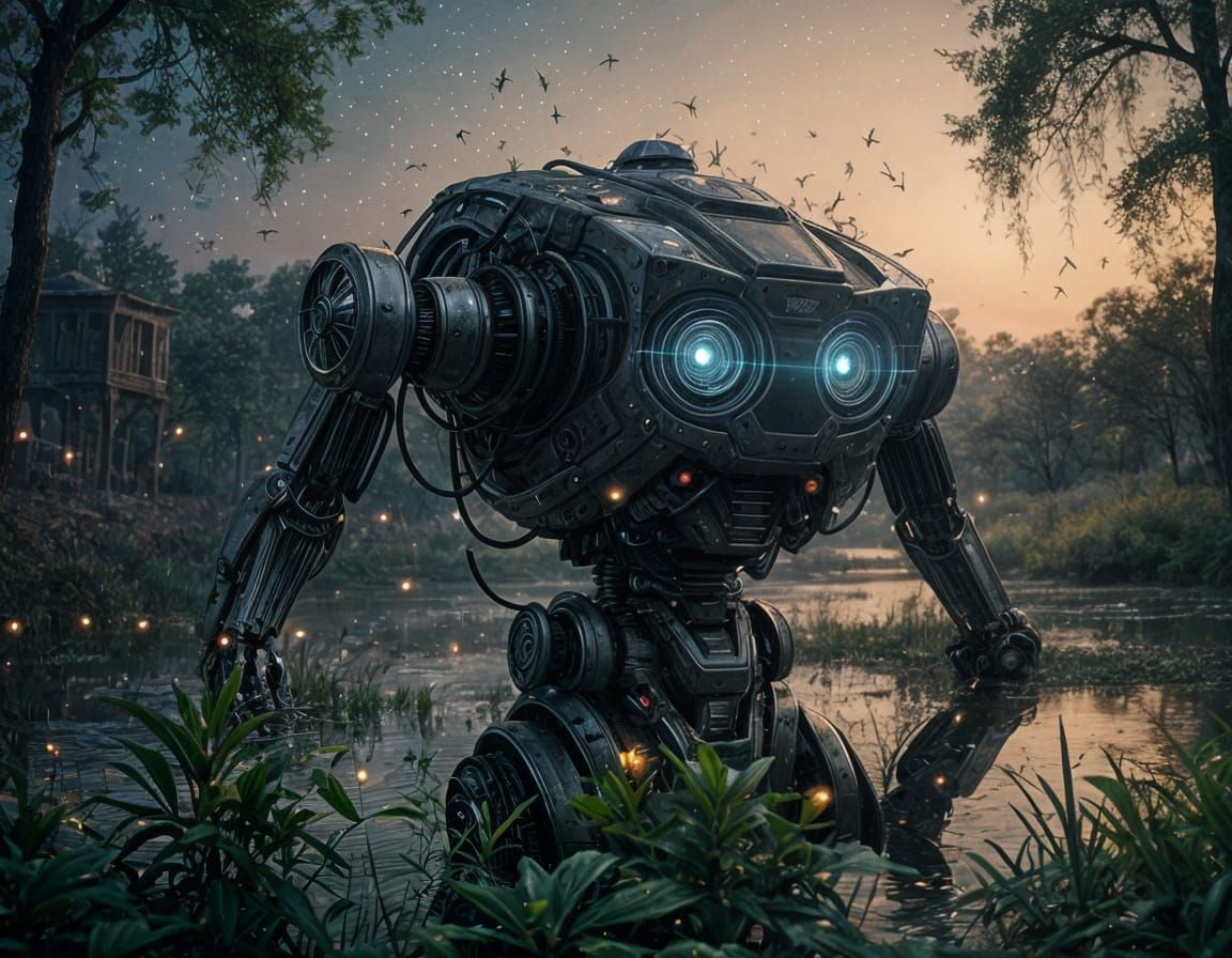 Robot in Decaying Landscape with Fireflies: Cinematic Still
