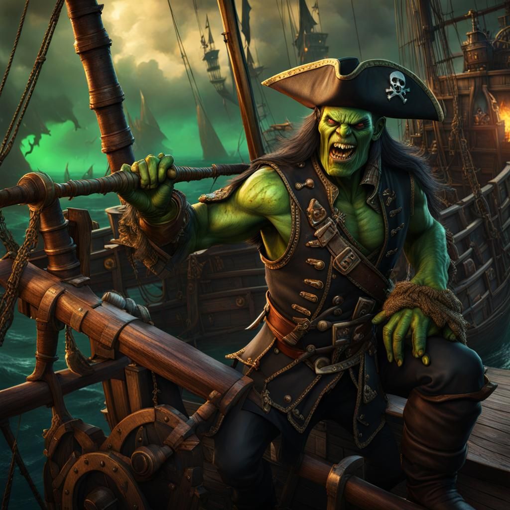 Orc Pirate Zombie Fight on Ship: Fantasy Art