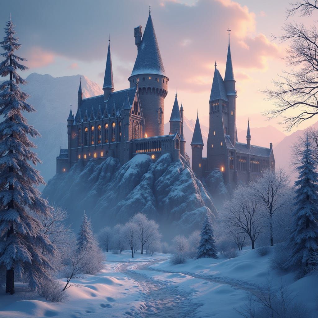 Mystical Hogwarts Winter Scene in Gothic Style