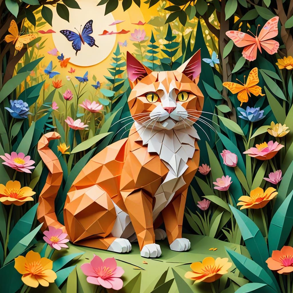 Origami Ginger Cat in Flower Clearing with Butterfly