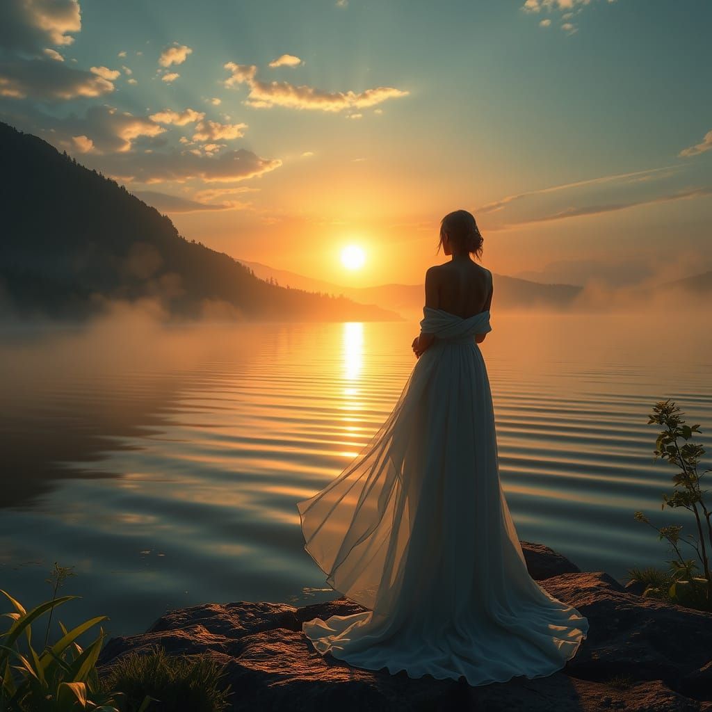 Serene Goddess Awakens with Sunrise on Tranquil Waters