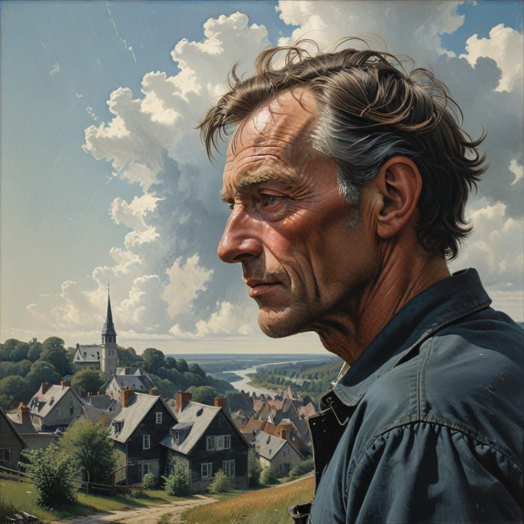 Ancient Man Embracing Desolate Cityscape in Photorealistic S...