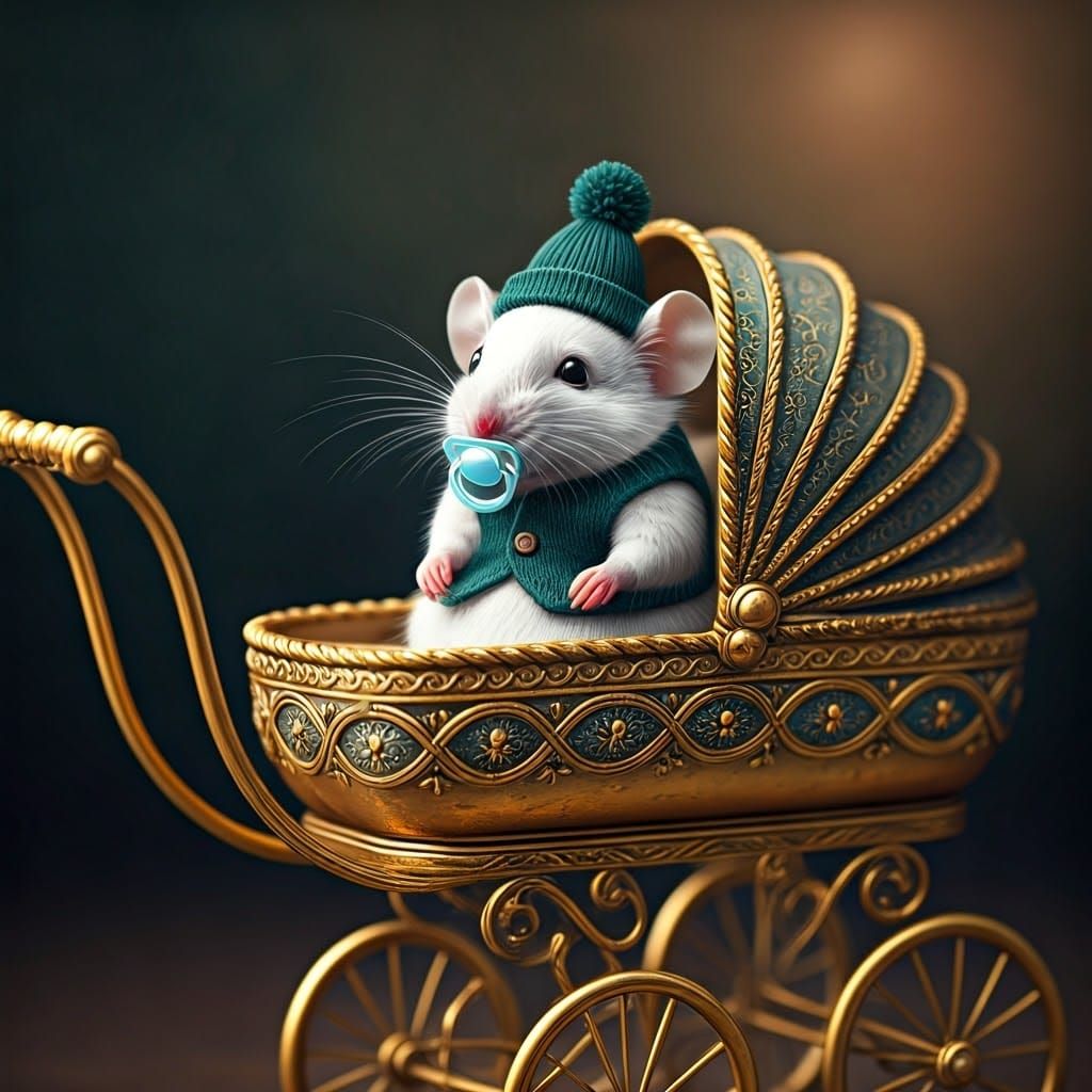 Whimsical Furry Mouse in Chic Baby Carriage