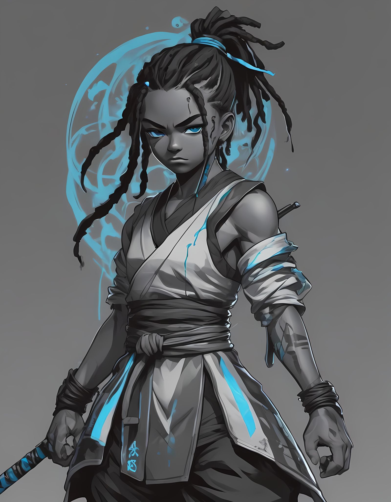 Anime Ninja with Blue Dreadlocks in Cel-Shaded Manga