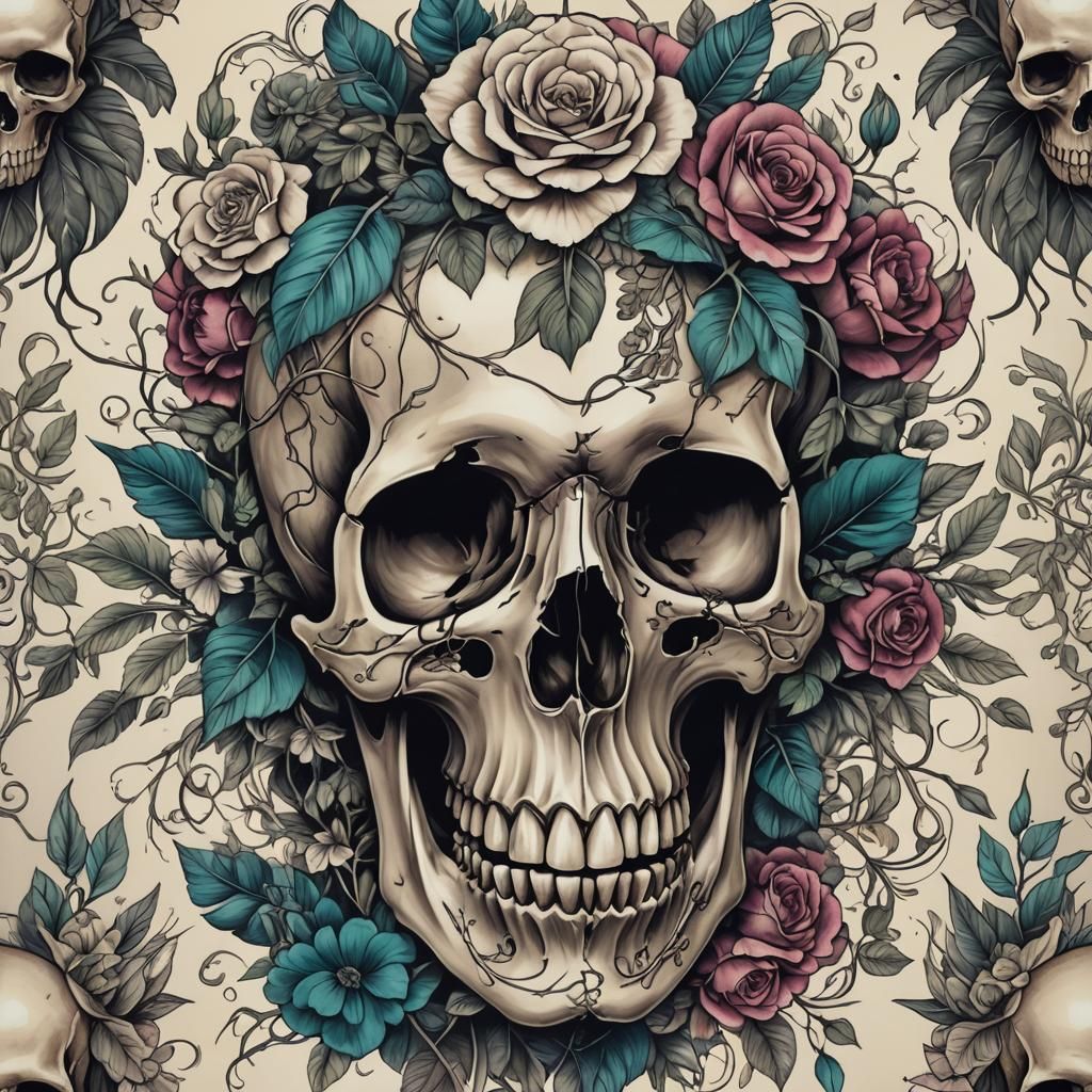Surreal Skull Tattoo with Botanical Elements