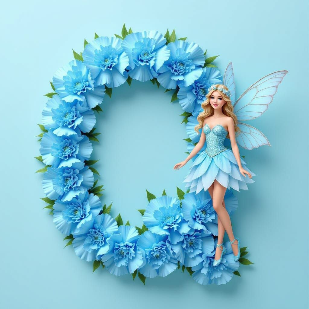 Light Blue Fairy Beside Carnation Letter Q