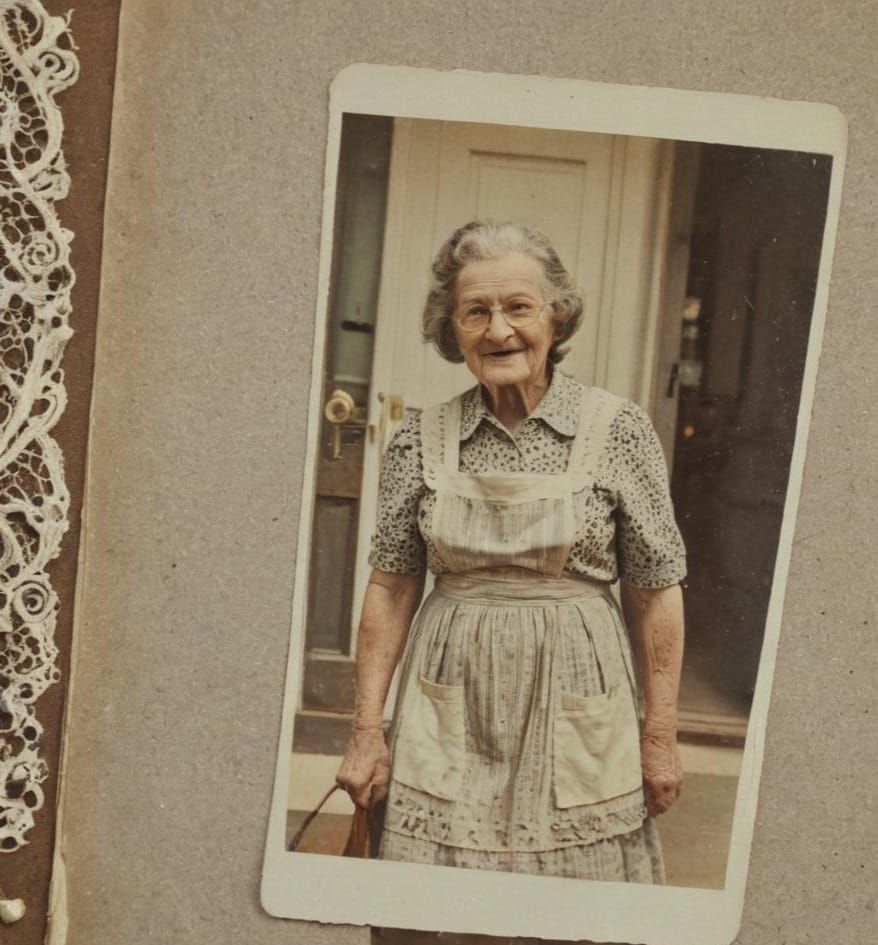 Vintage Polaroid of Grandma Waving from Doorstep