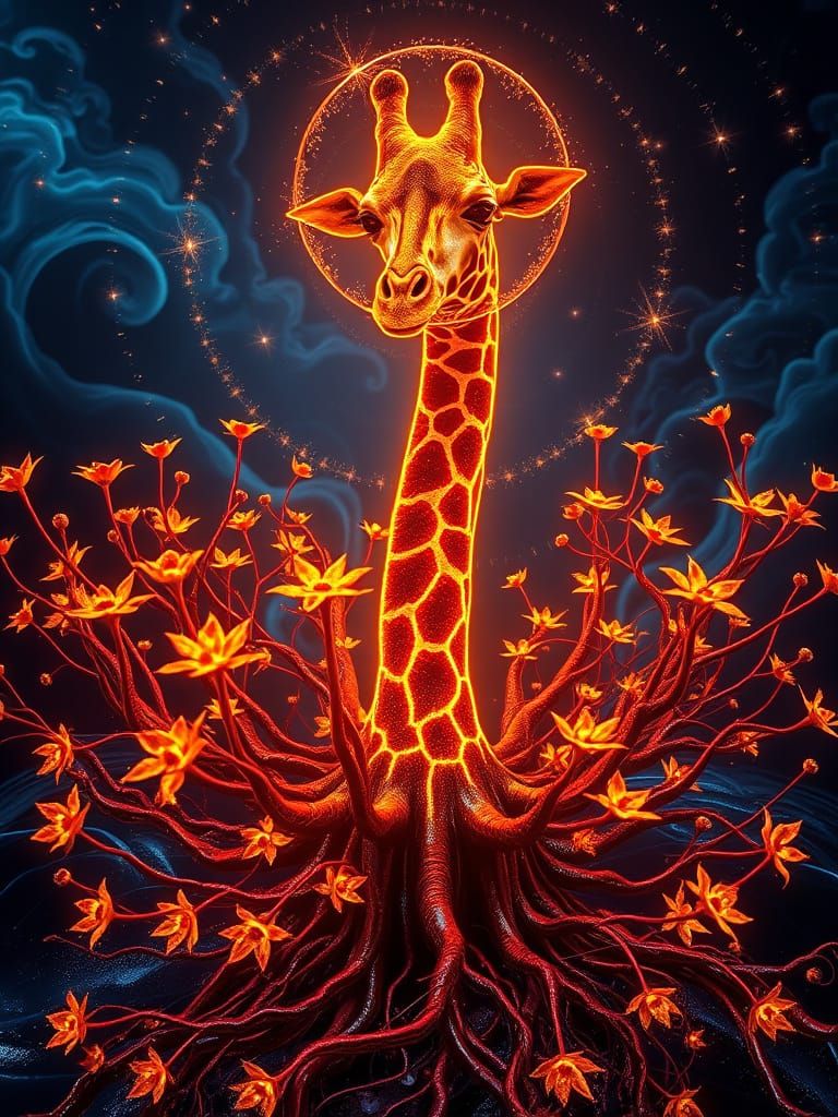 Radiant Tendrils Converge on Obsidian with Giraffe Head