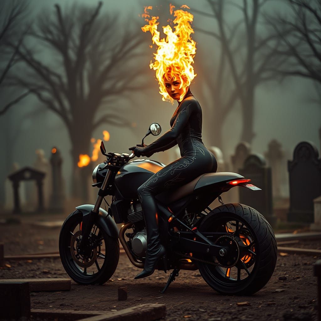 Mystical Biker Goddess in Fiery Aura