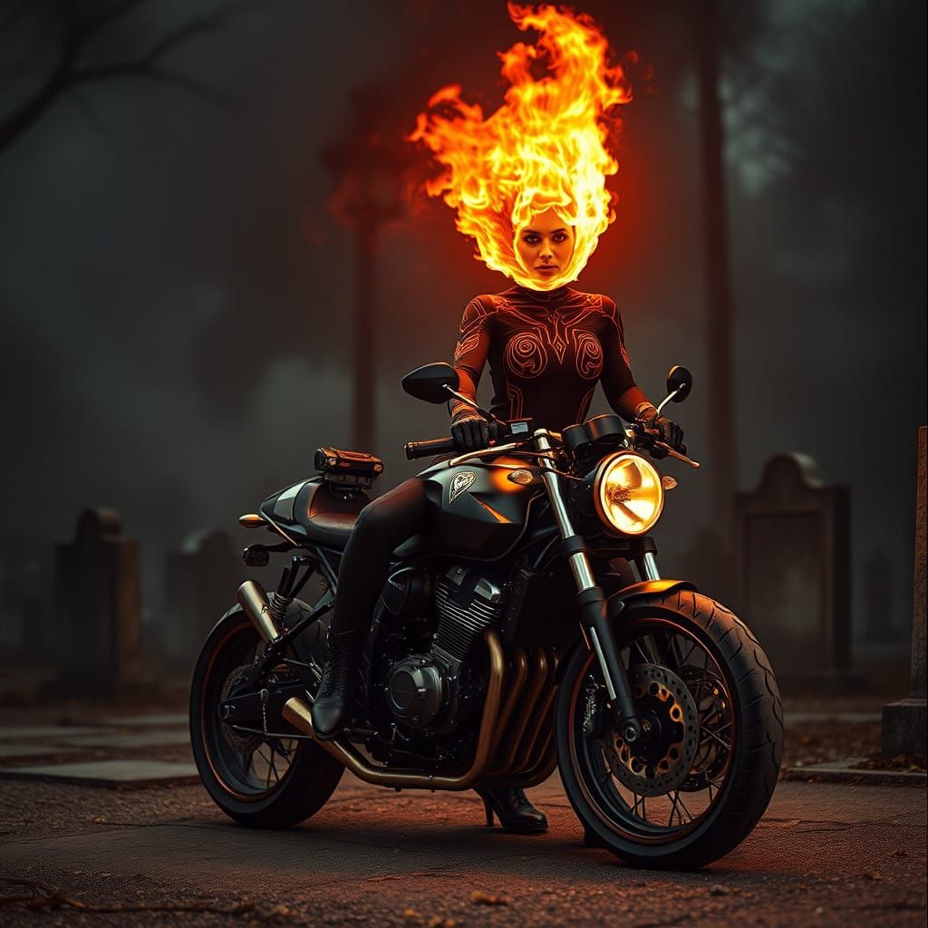 Mystical Biker Goddess Enveloped in Infernal Flames