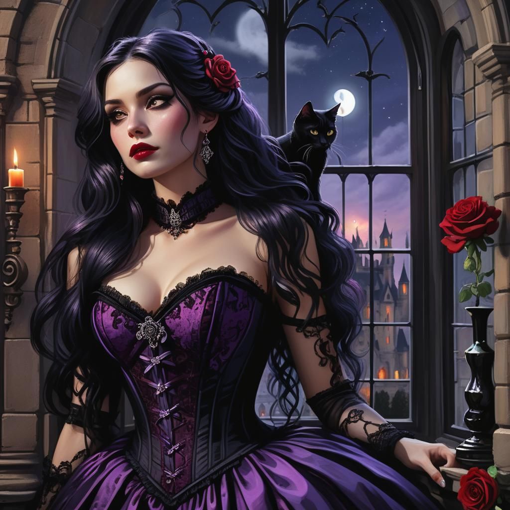 Victorian Woman Gazing at Moon with Cat, Zorn Palette