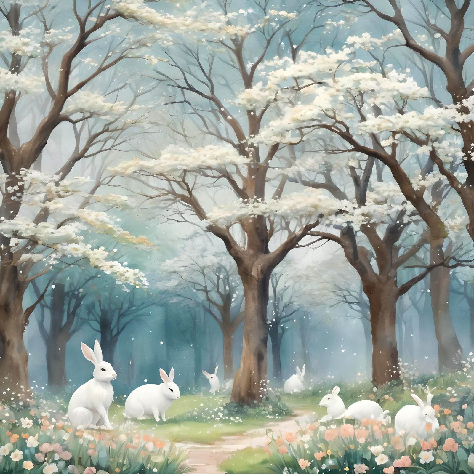 Rabbits in Rain: A Spring Blossom Gathering