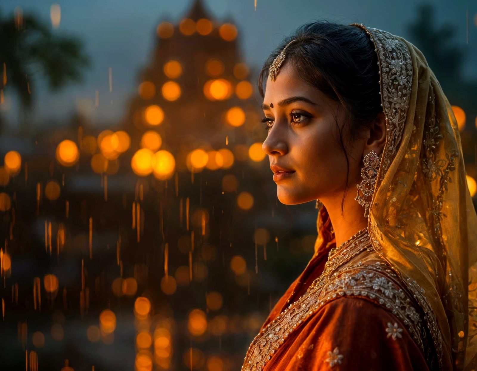 A Golden Goddess in Evening Rain, India