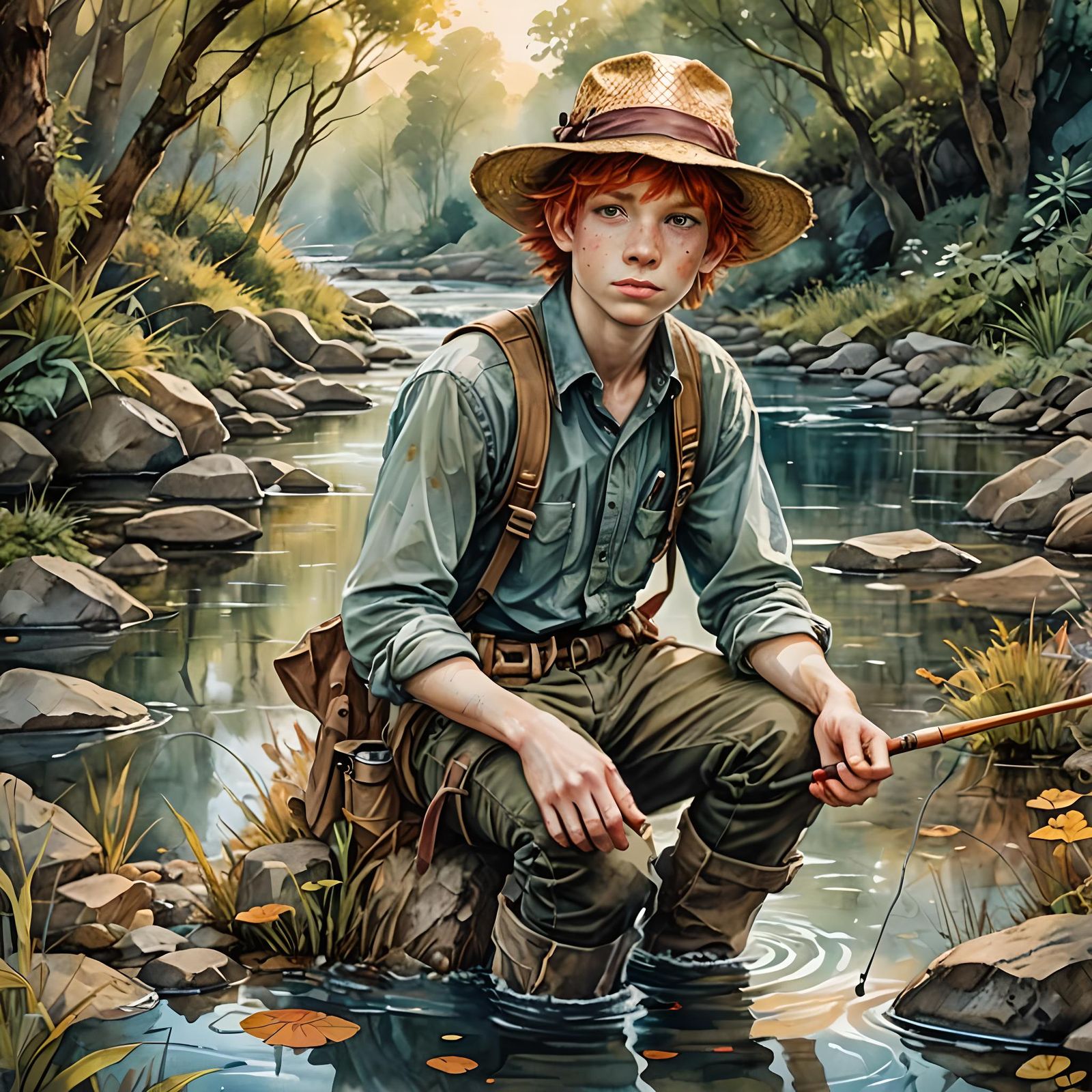 Redhead Boy Fishing in Creek Watercolor Illustration