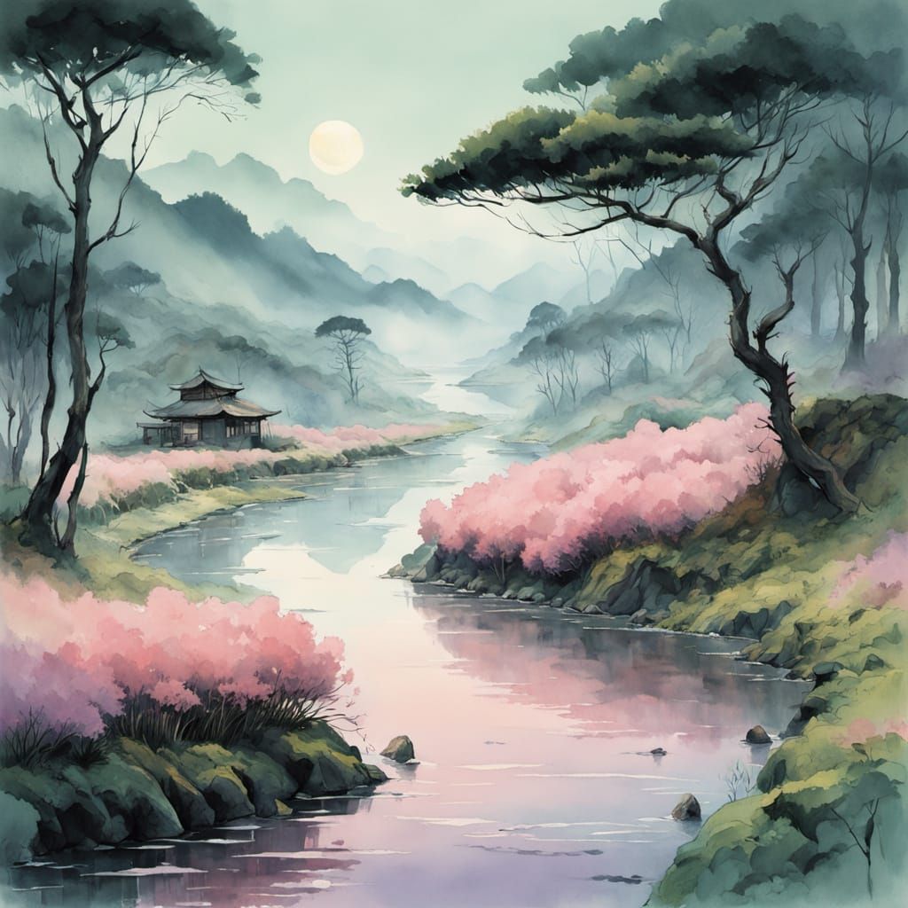 Impressionist Dawn in a Tranquil Tea Plantation