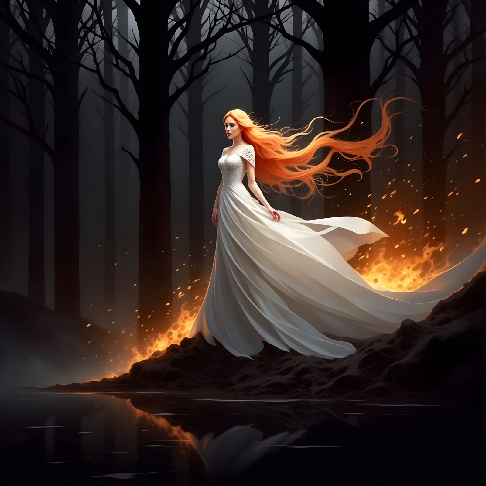 Ethereal Woman in White, Standing Before Flames in a Hauntin...