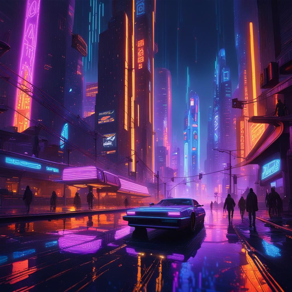 Cyberpunk Cityscape with Neon Lights in Digital Painting