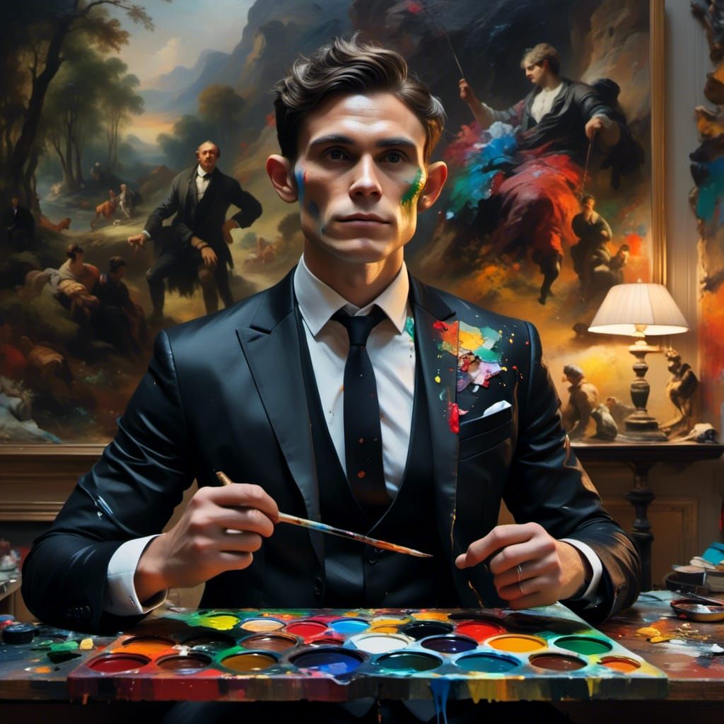 Man in Black Suit Adjusting Tie Portrait