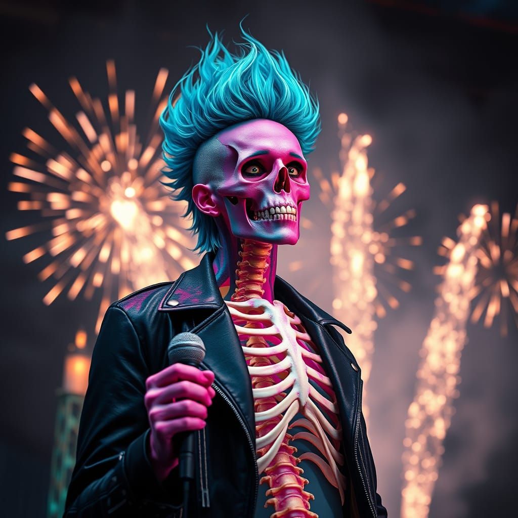 Translucent Man on Stage with Fireworks, Hyperrealistic Styl...
