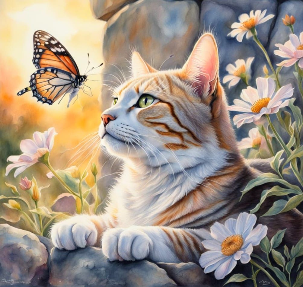 Cat Sunning with Butterflies in Watercolour Style