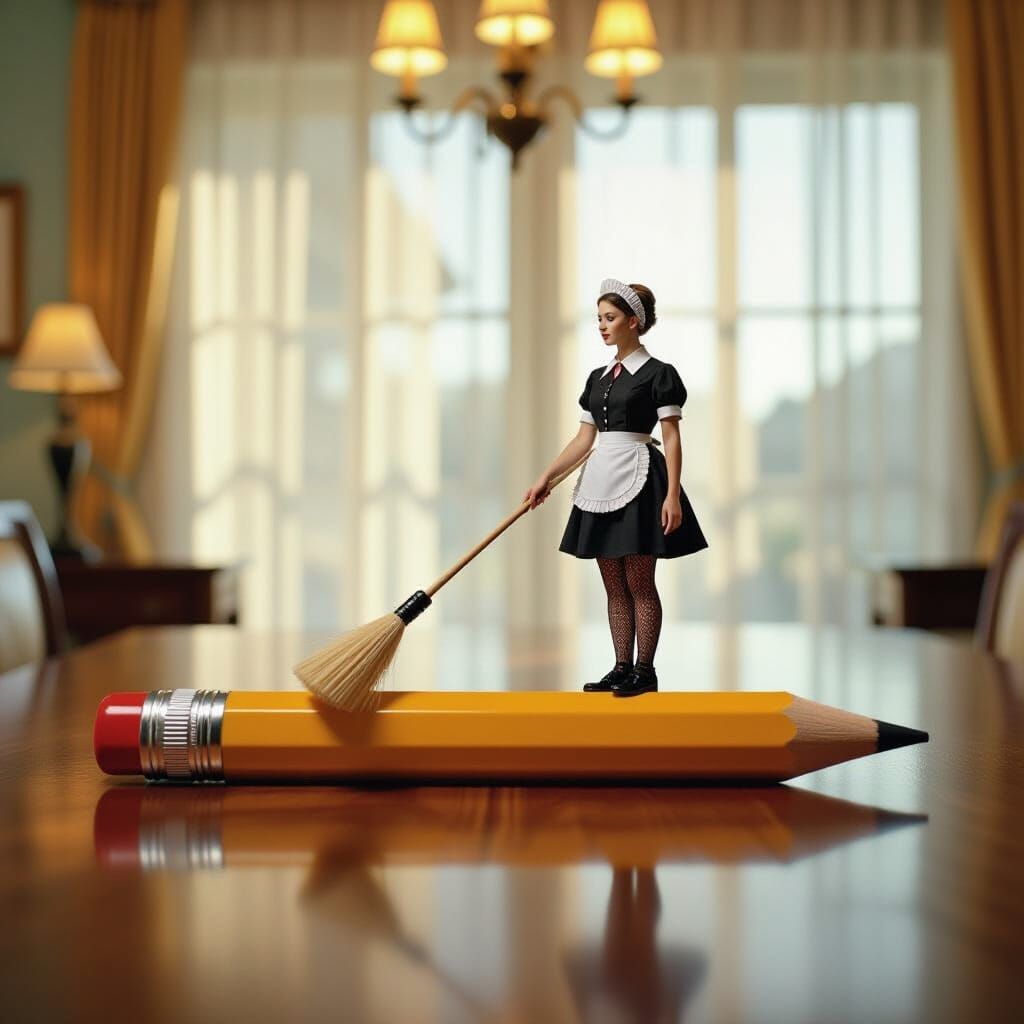 Hyperrealistic Maid Dusting a Giant Pencil