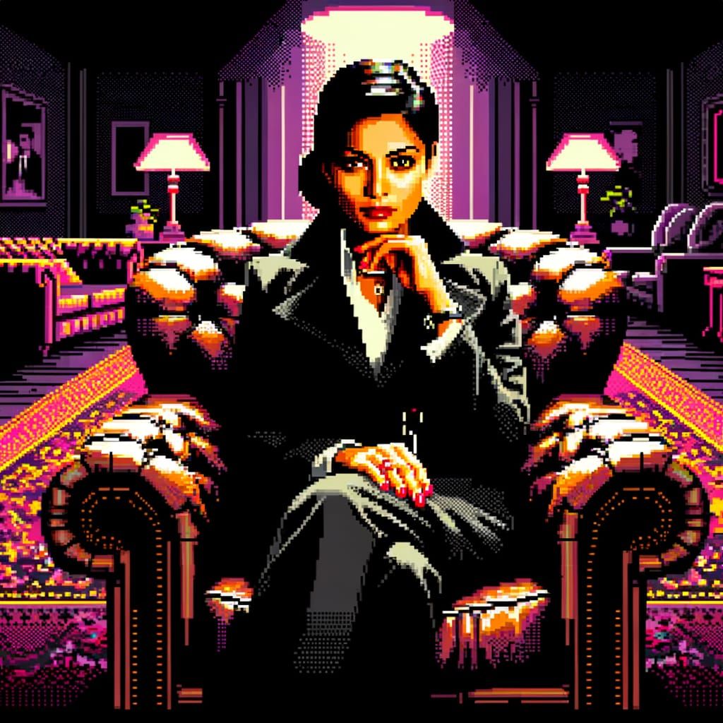 Enigmatic Spy Secretary in 8-bit Pixel Art