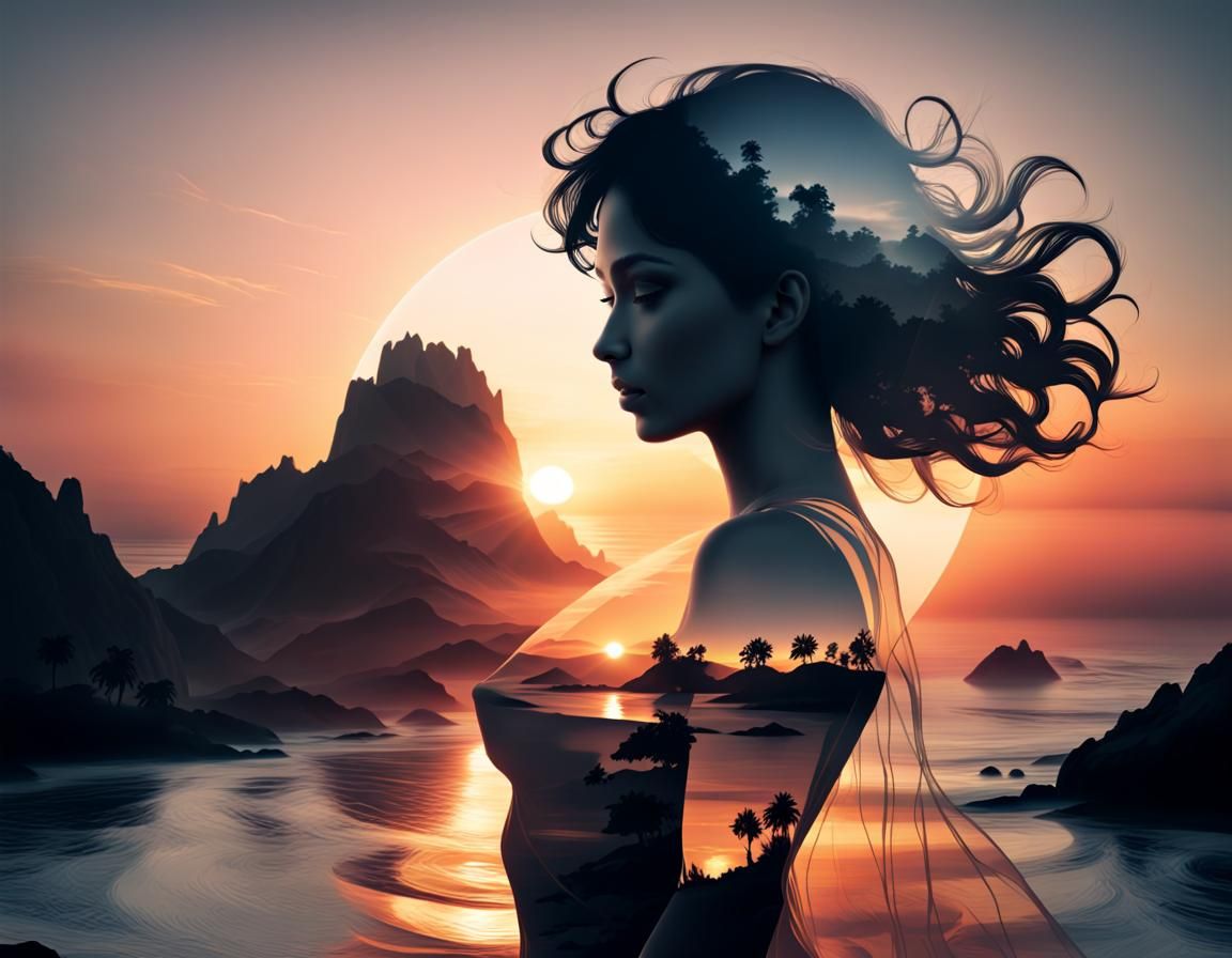 Goddess Silhouette with Sunset Coast: Double Exposure