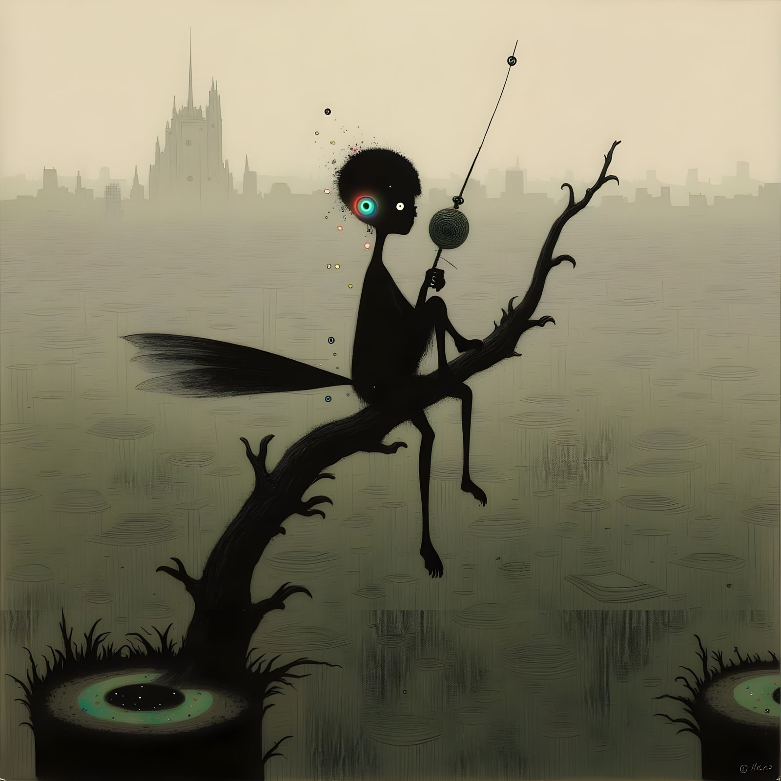 Praying Mantis on Branch in Dark Surreal Style