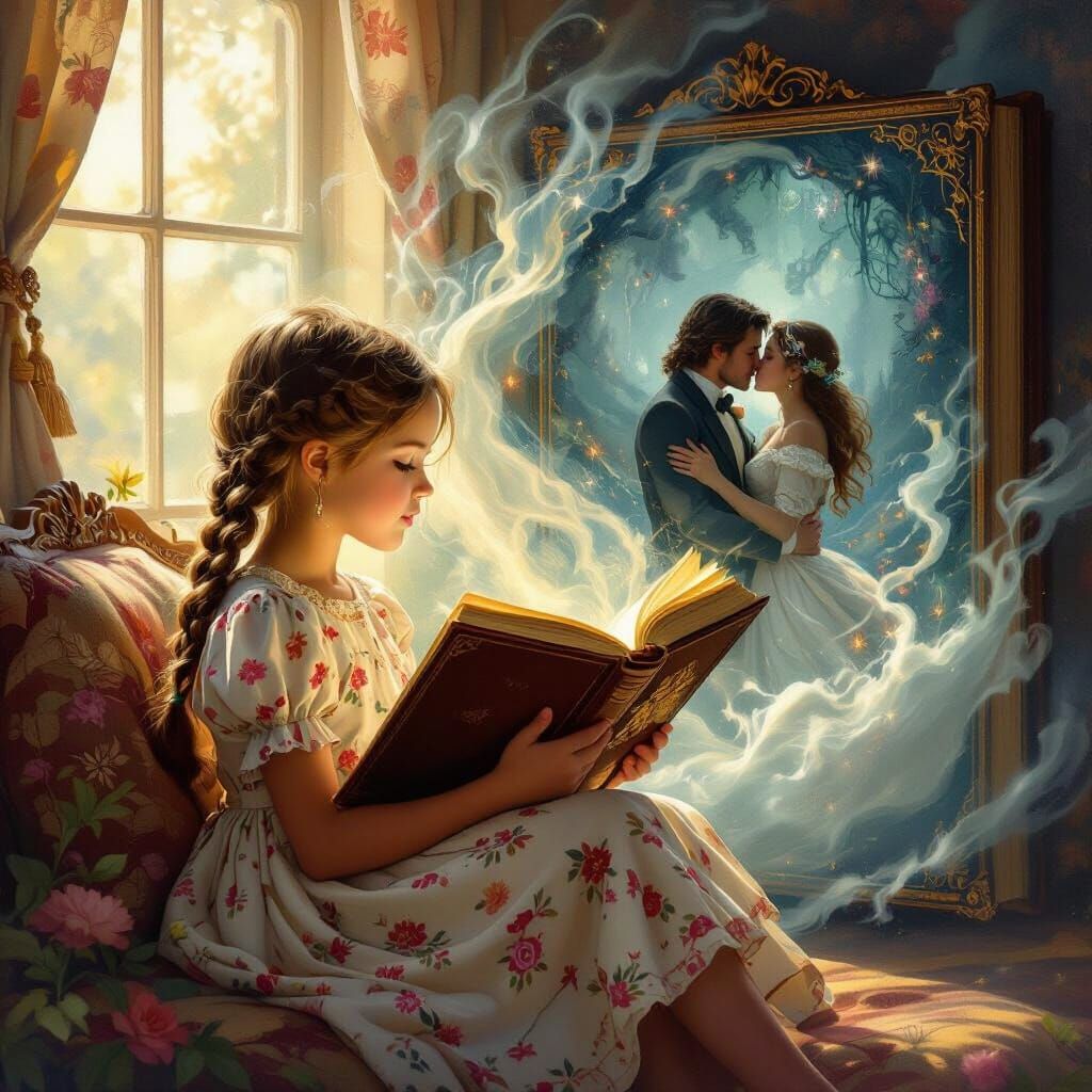 Girl Reading Fantasy Book with Kissing Couple