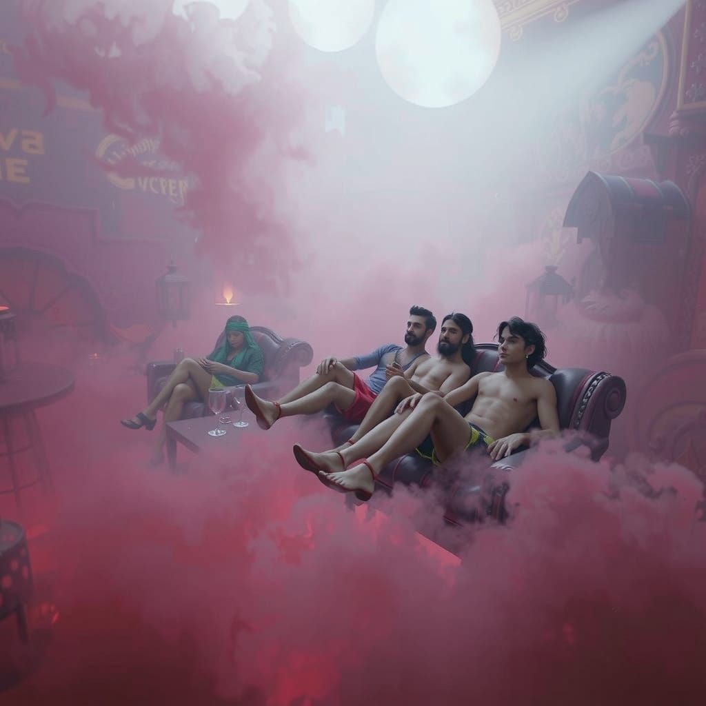 Fantasy Tavern Patrons in Golden Coke Smoke