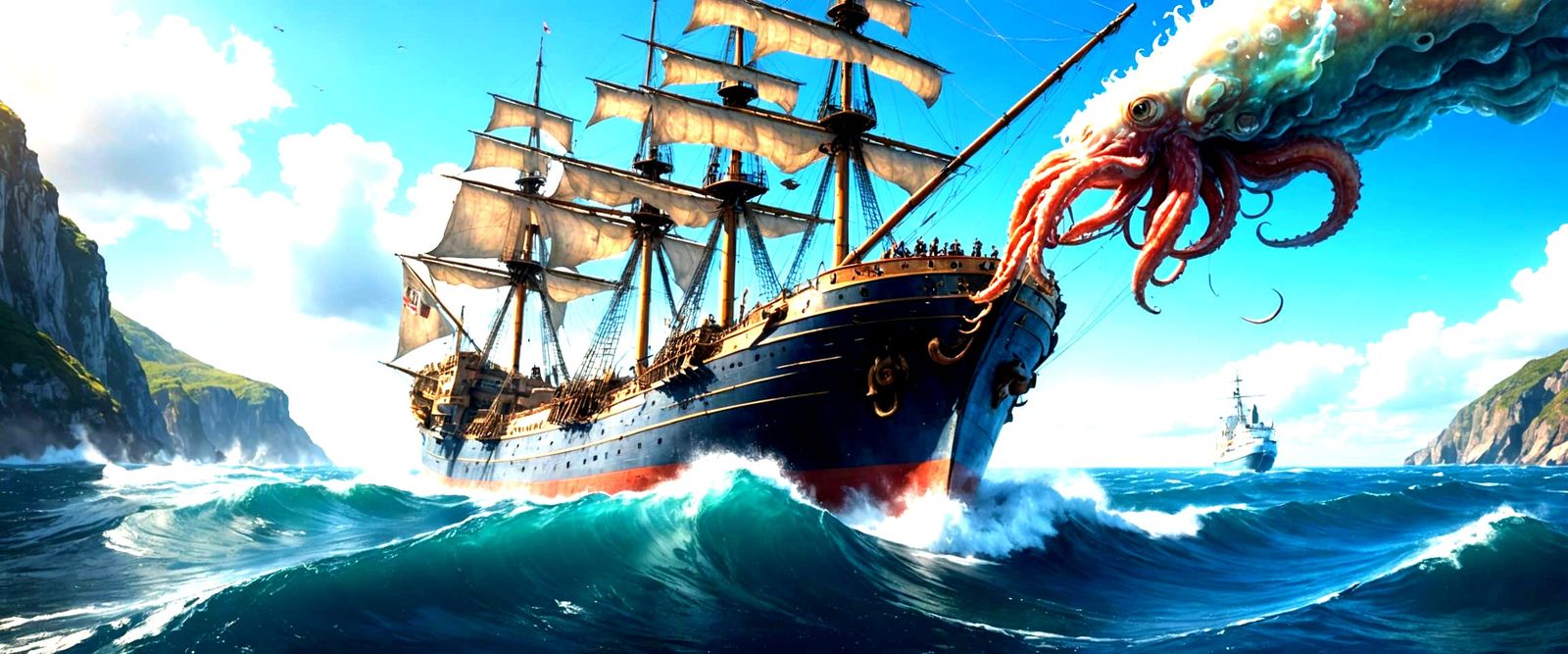 Massive Ship Under Attack by Giant Squid