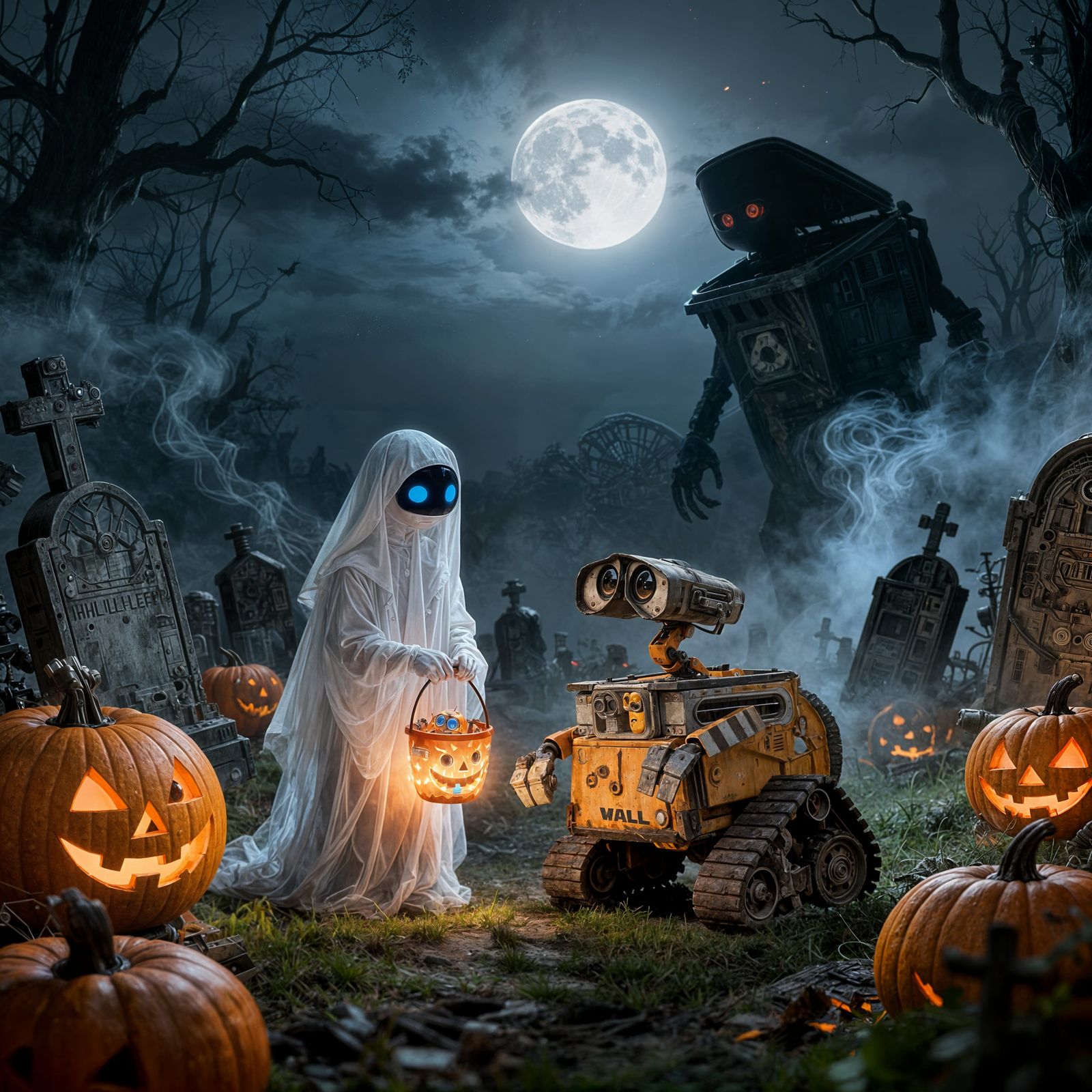 Spooky Halloween Scene Featuring WALL-E Characters