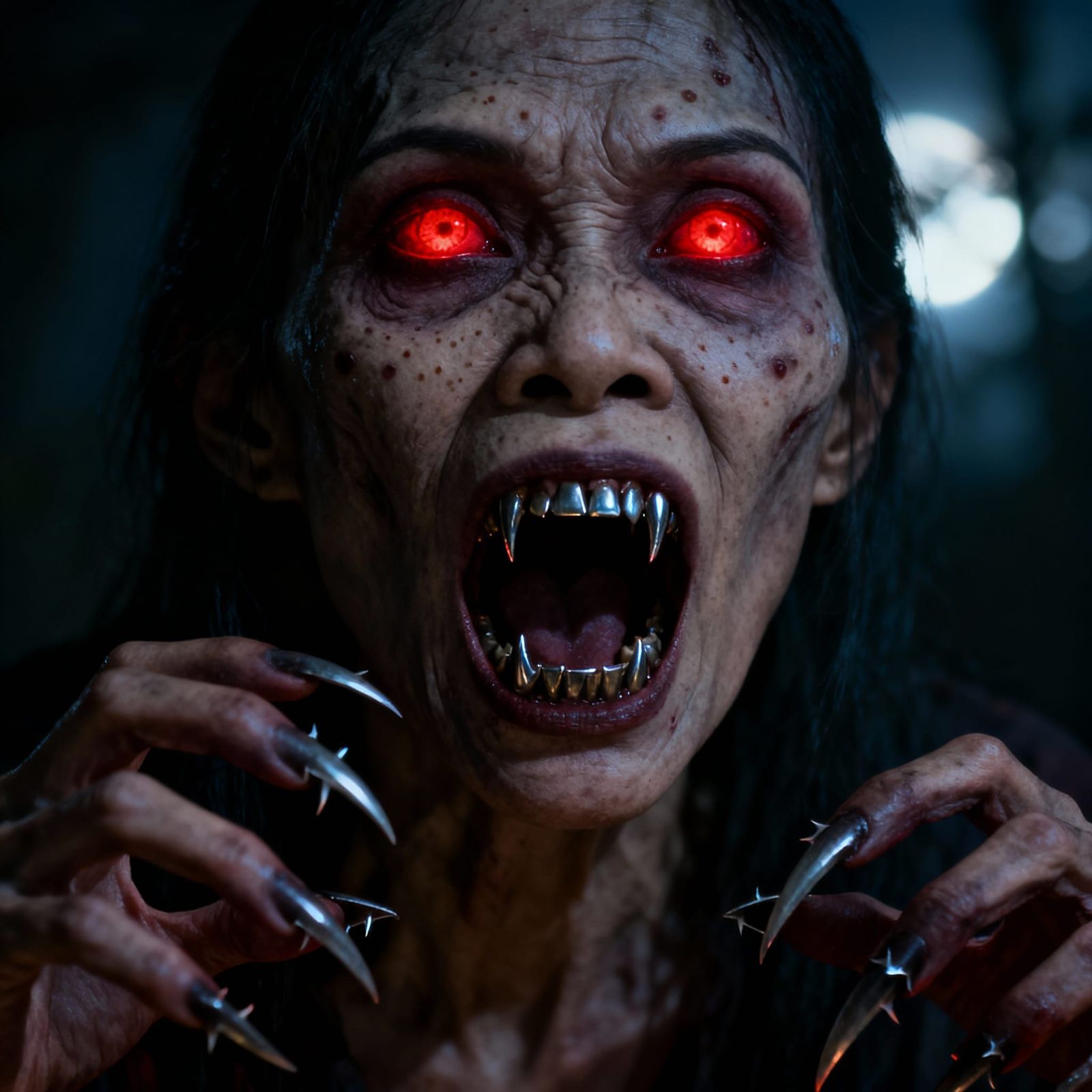 Pontianak Horror Photo With Fiery Eyes and Sharp Teeth