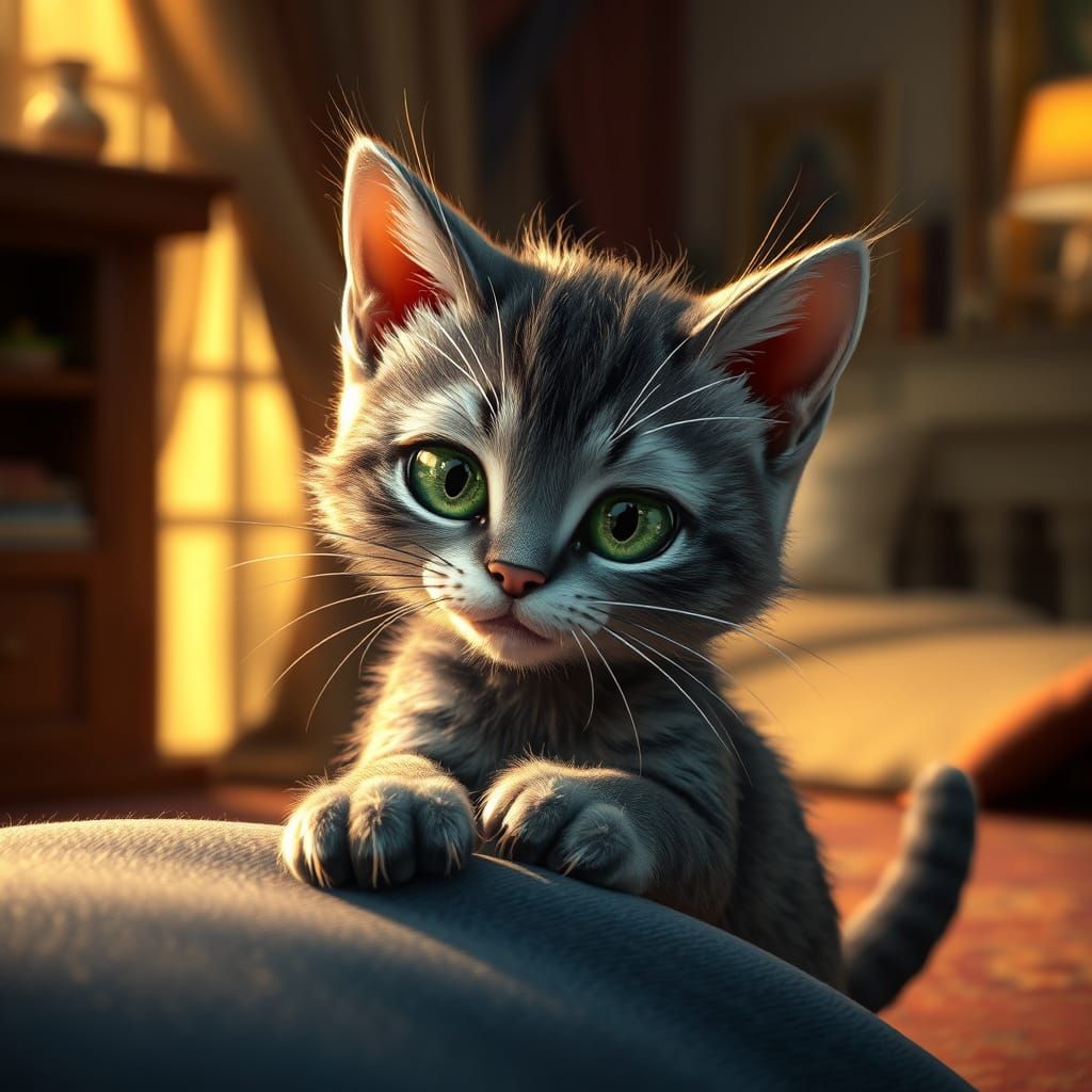 Whimsical Grey Cat Greeting in a Cozy Unreal Engine Environm...