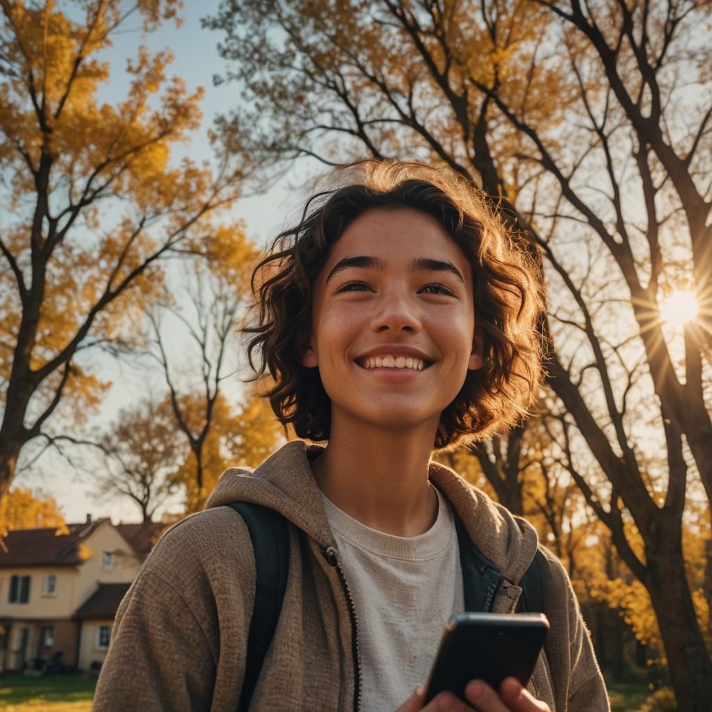 Smiling Person with Sunny Screen: Cinematic Film Still