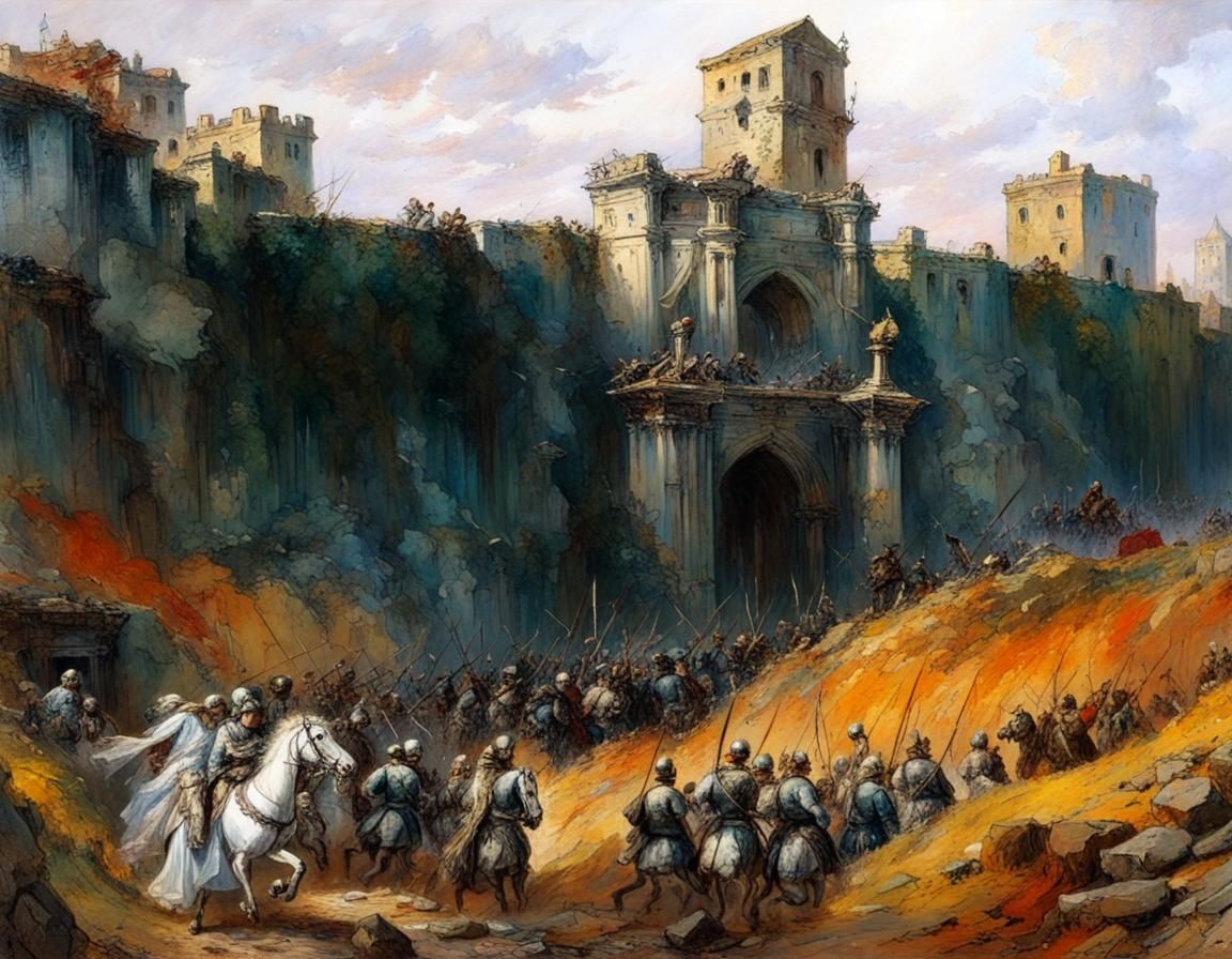 Ancient City Walls Collapse in Golden Age Illustration