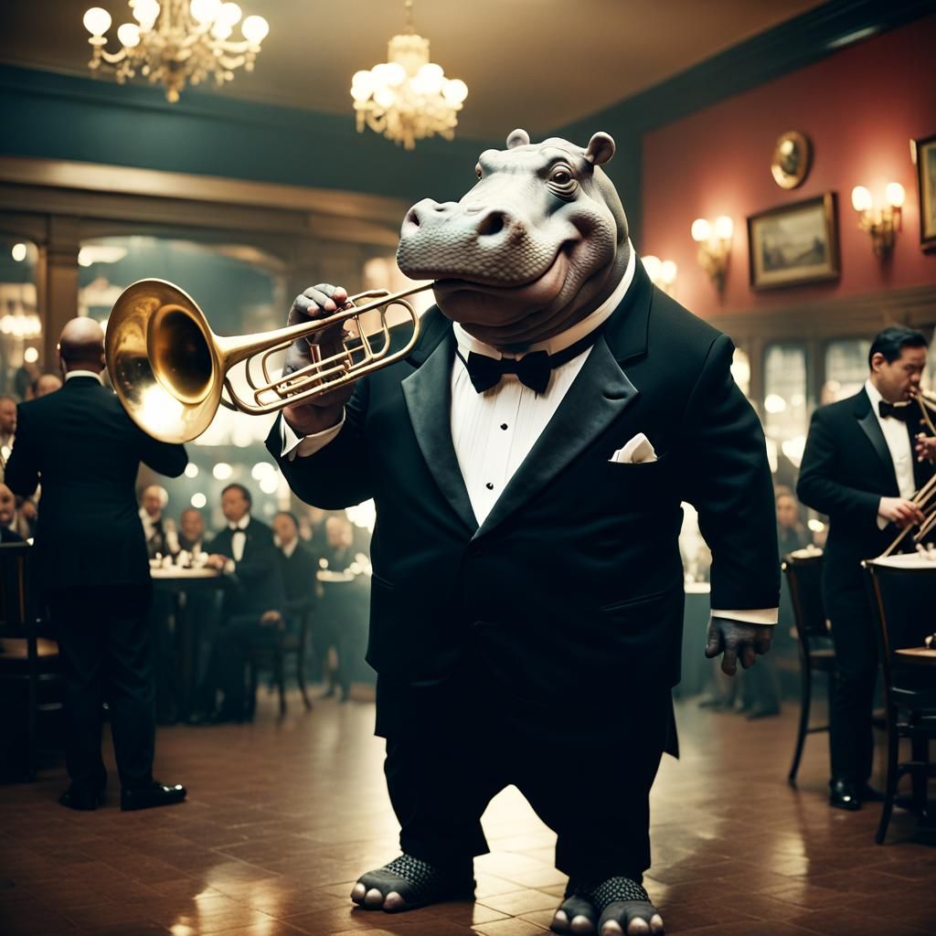 Hippo's Trombone Serenade in a Fancy Restaurant