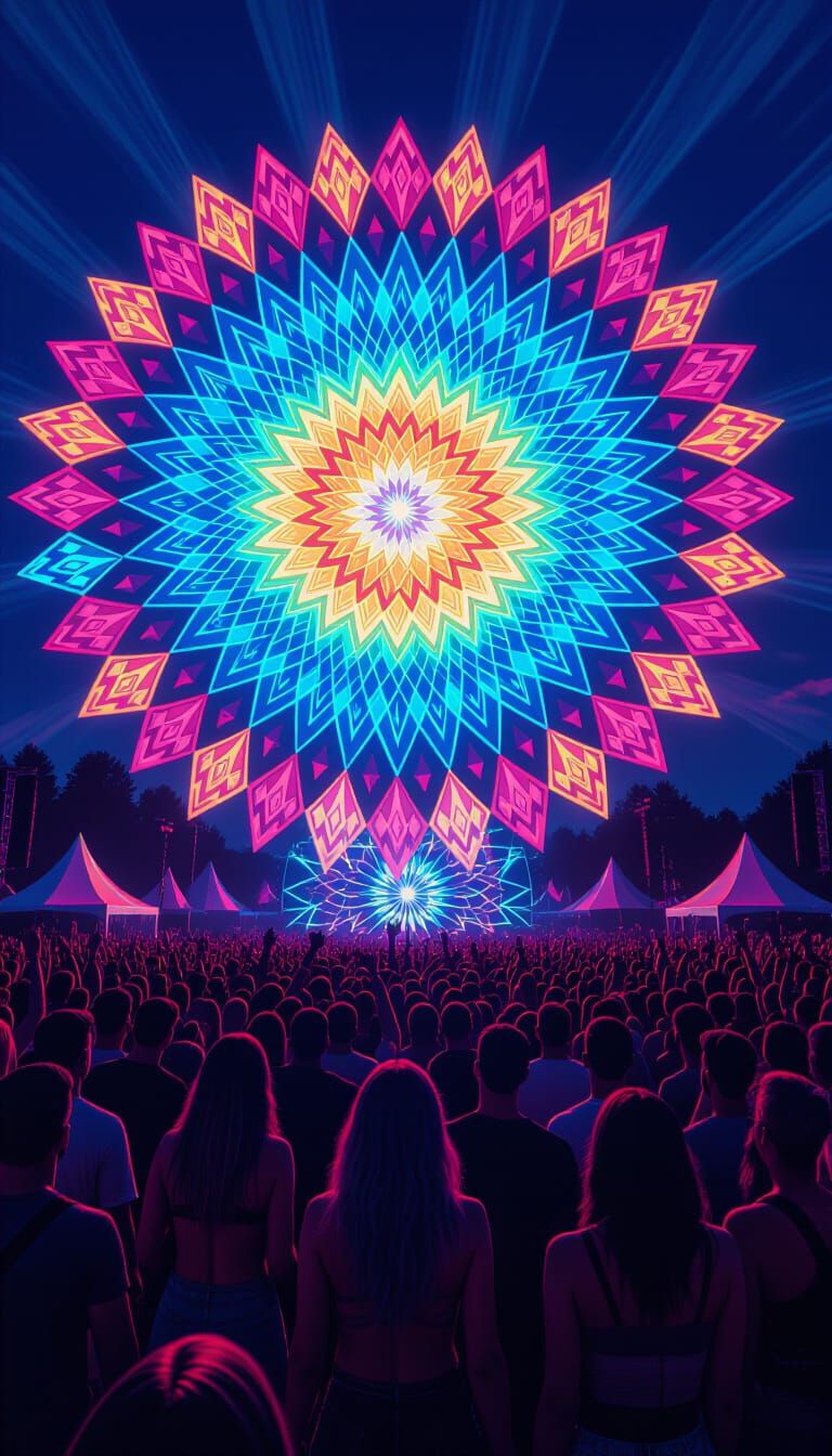 Vivid Outdoor Dance Rave with Kaleidoscopic Colors
