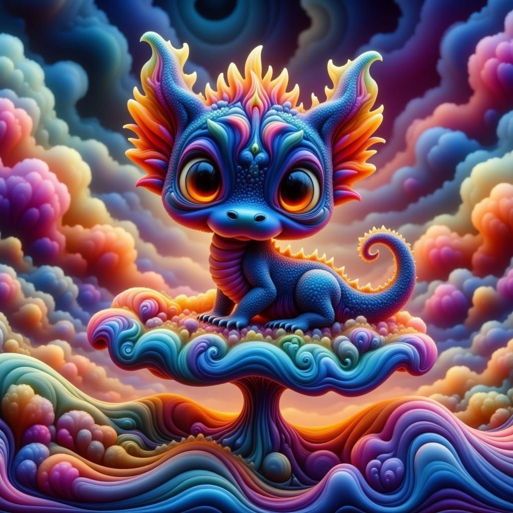 Chibi Dragon on Bioluminescent Mushroom, Cartoon Style