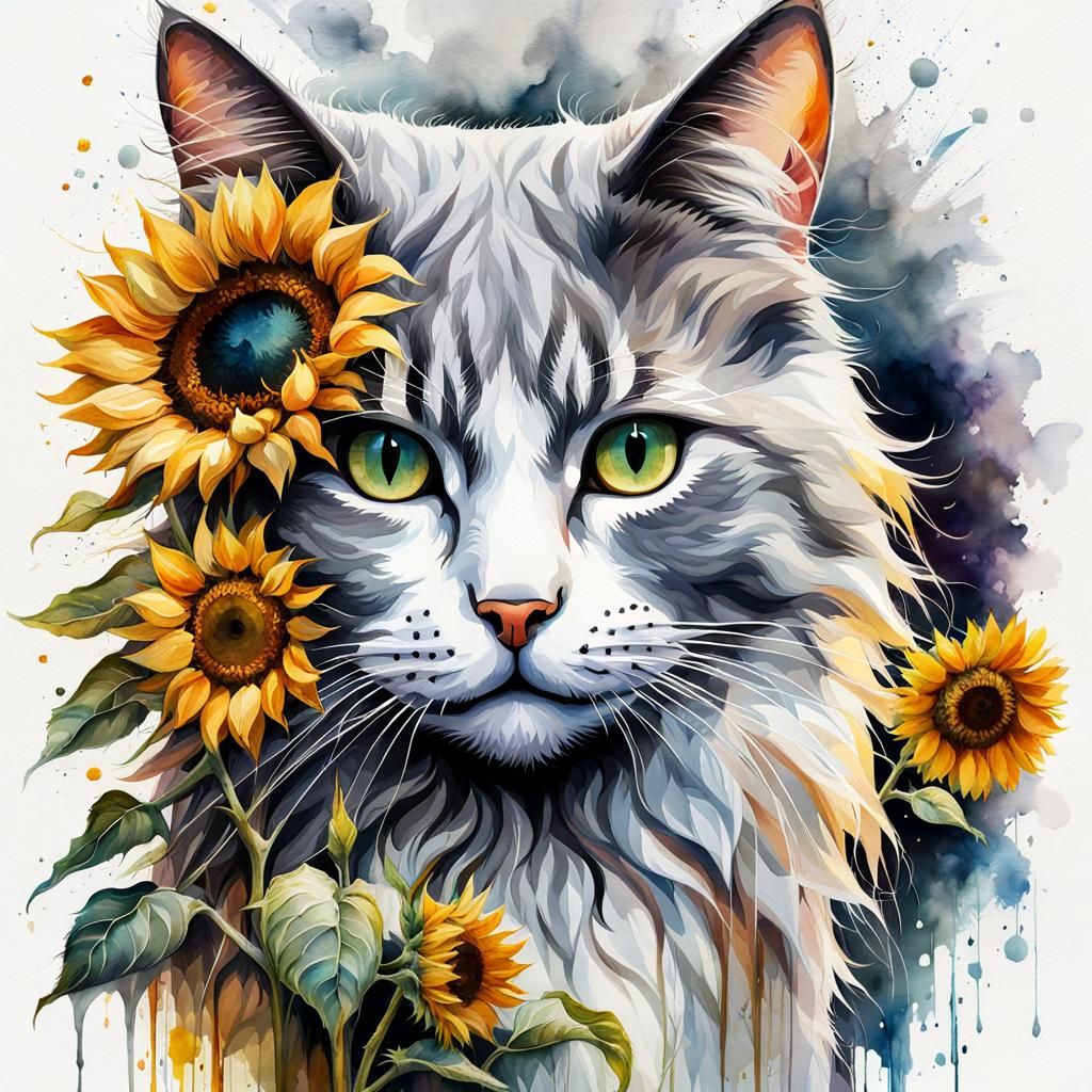 Gray Cat with Sunflowers in Digital Watercolor Art