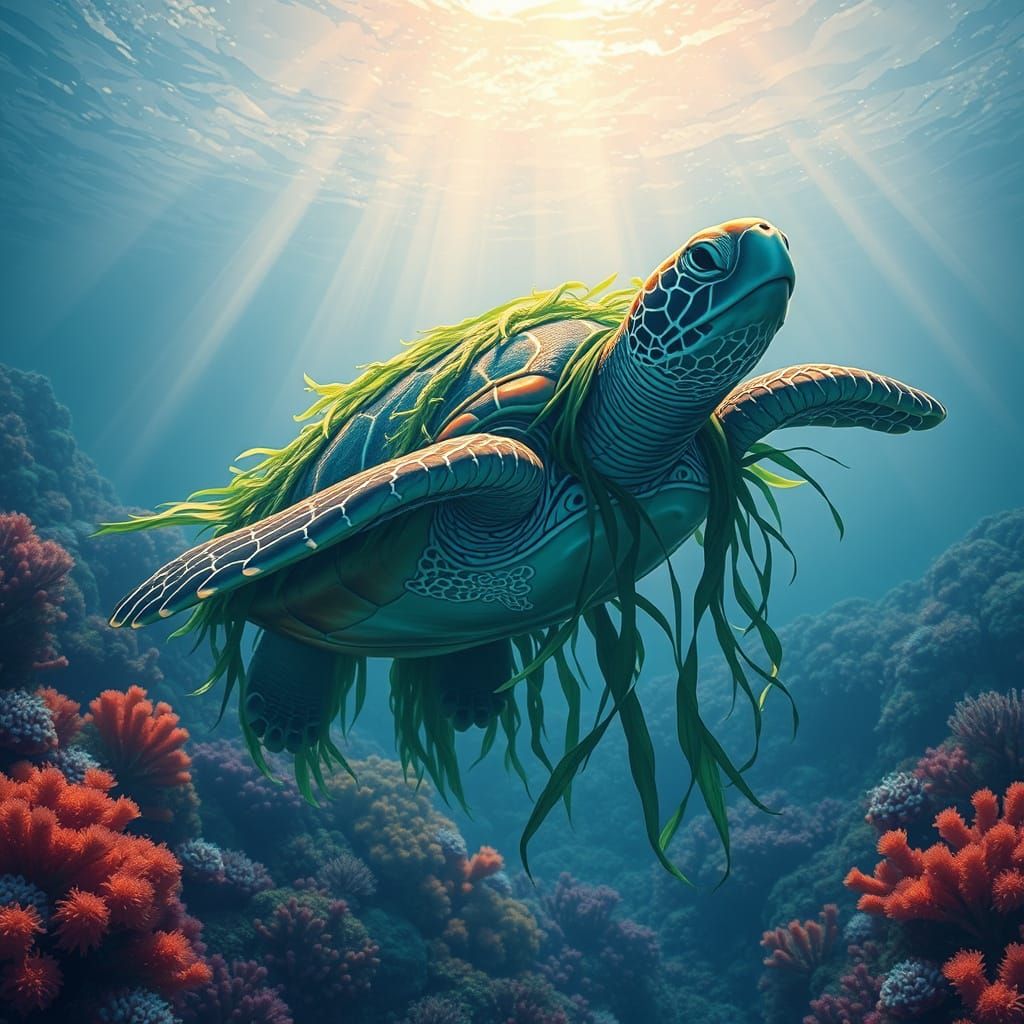 A majestic sea turtle adorned with intricate bioluminescent ...
