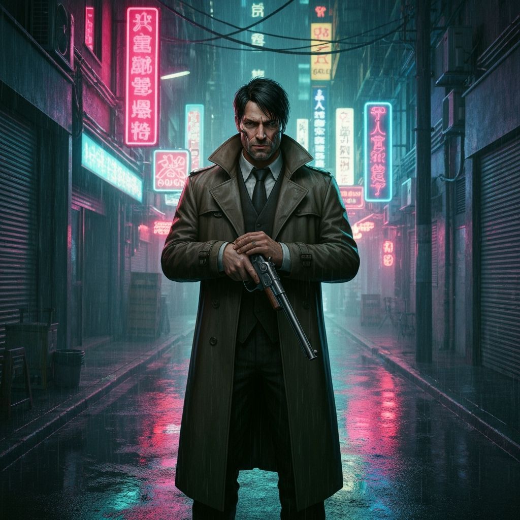 Cyberpunk Detective in Chinatown, Neon-Lit Street