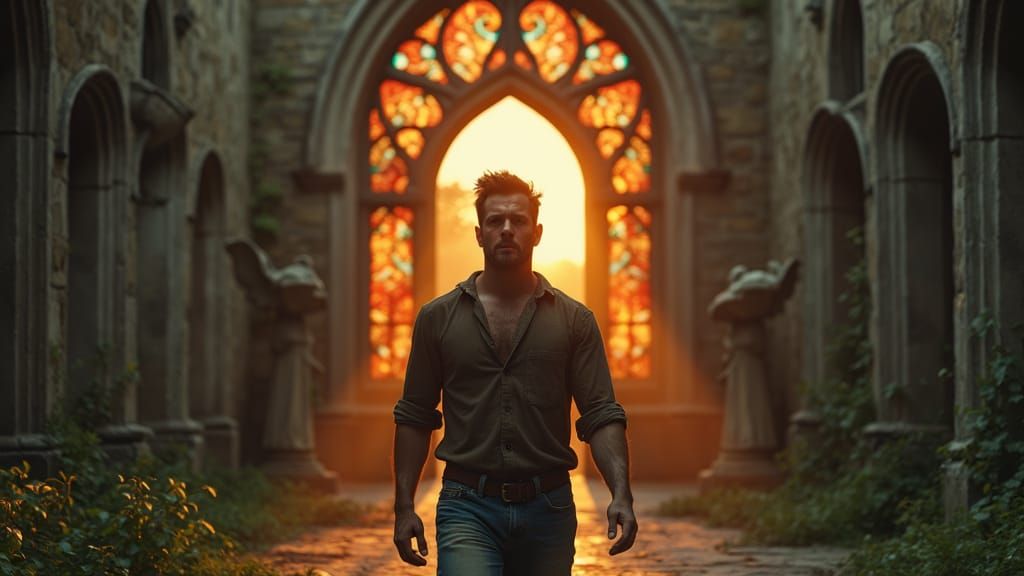 Brooding Man Walks Through Abandoned Church Courtyard at Sun...