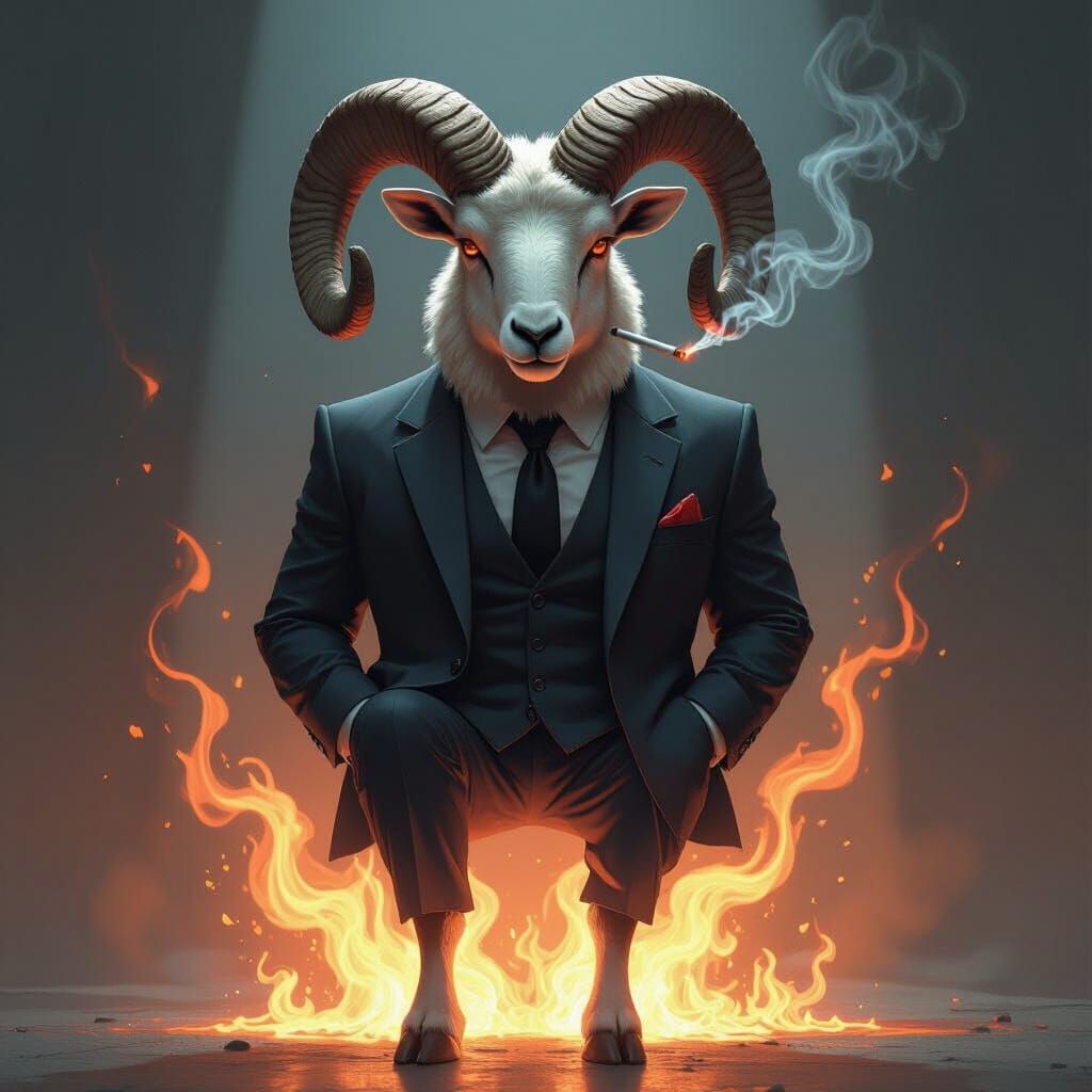 Ram in Suit with Flaming Legs and Cigarette