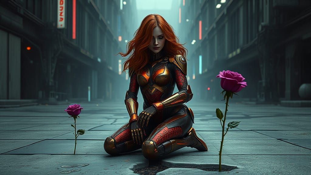 Cyberpunk Goddess Contemplates Dark Future