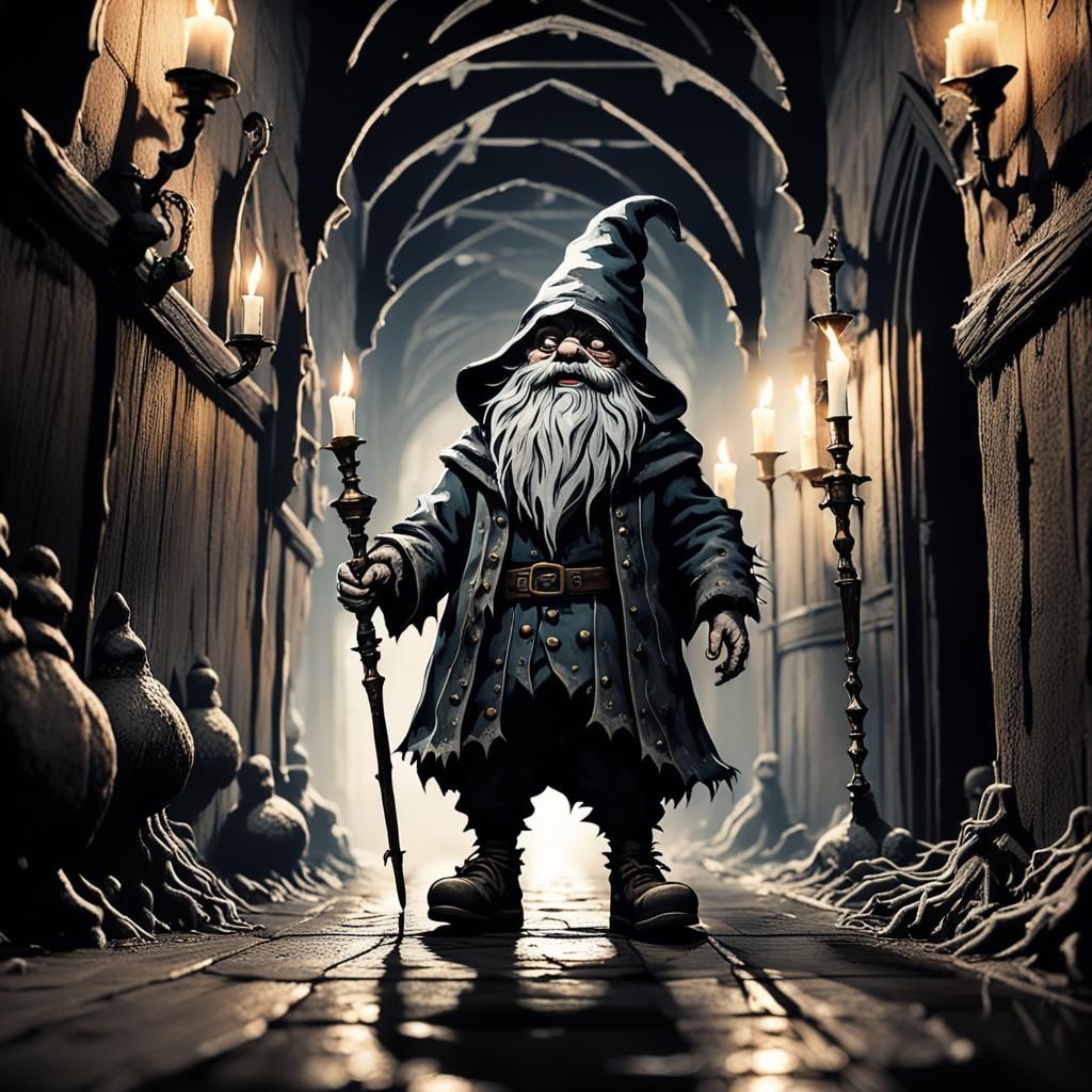 Gnome in Haunted House: Gothic Horror Scene